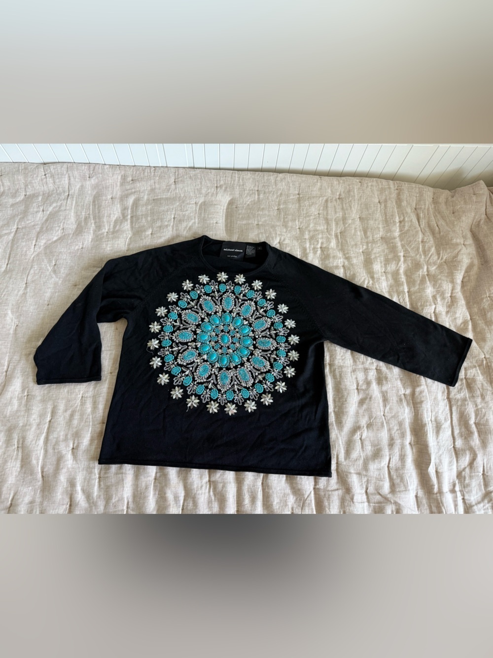 Michael Simon Top Blouse 3/4 Sleeve Round Neck Beaded Mandala Turquoise Large